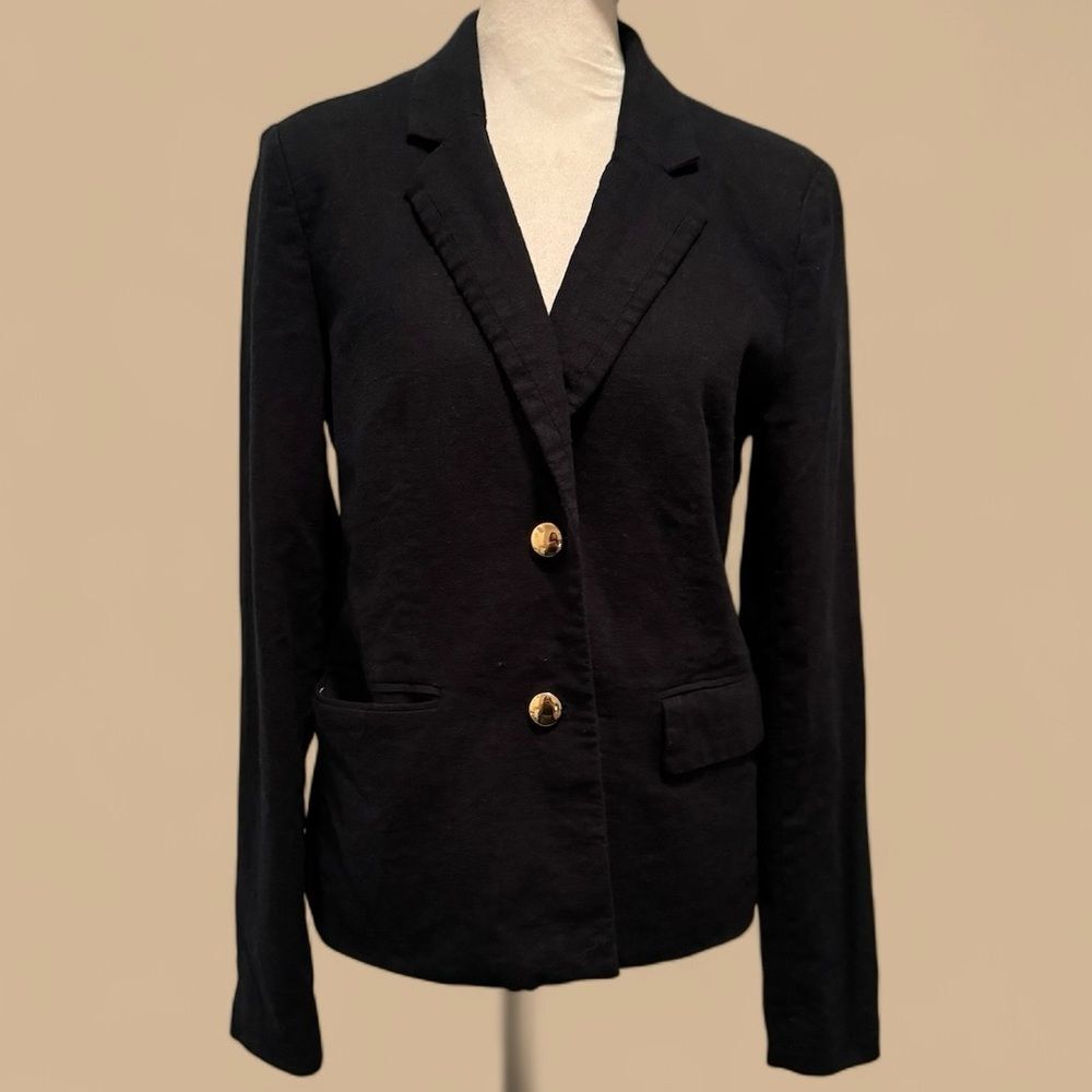 Harve Benard Women's Size 6 Linen Blazer Solid Dark Blue Navy Button Down Office
